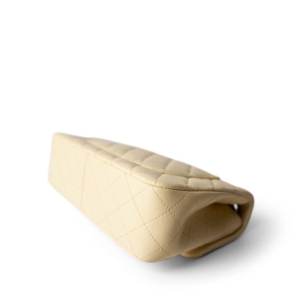 23S Light Yellow Lambskin Quilted Sweet Camelia Medium Single Flap Aged Gold Hardware