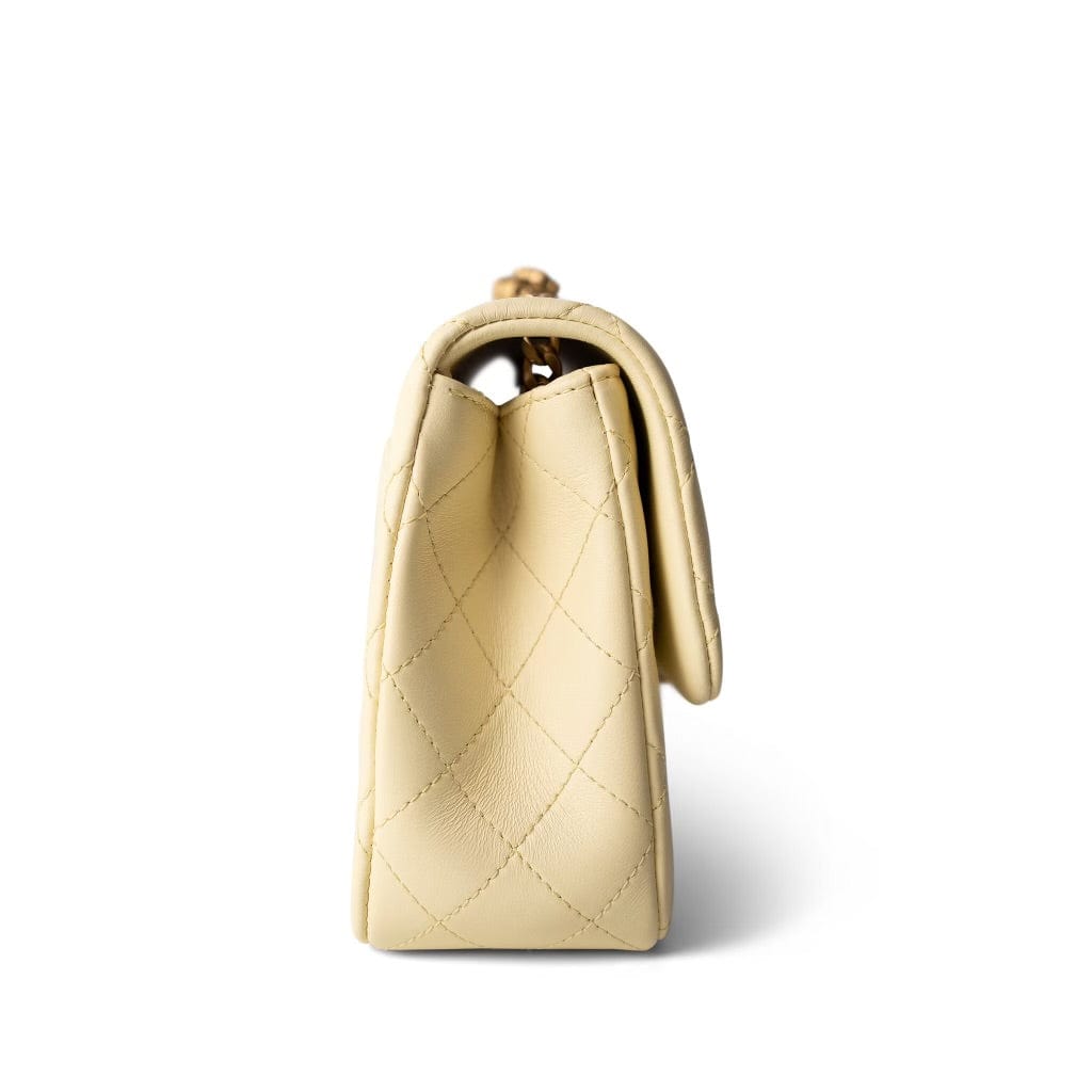 23S Light Yellow Lambskin Quilted Sweet Camelia Medium Single Flap Aged Gold Hardware