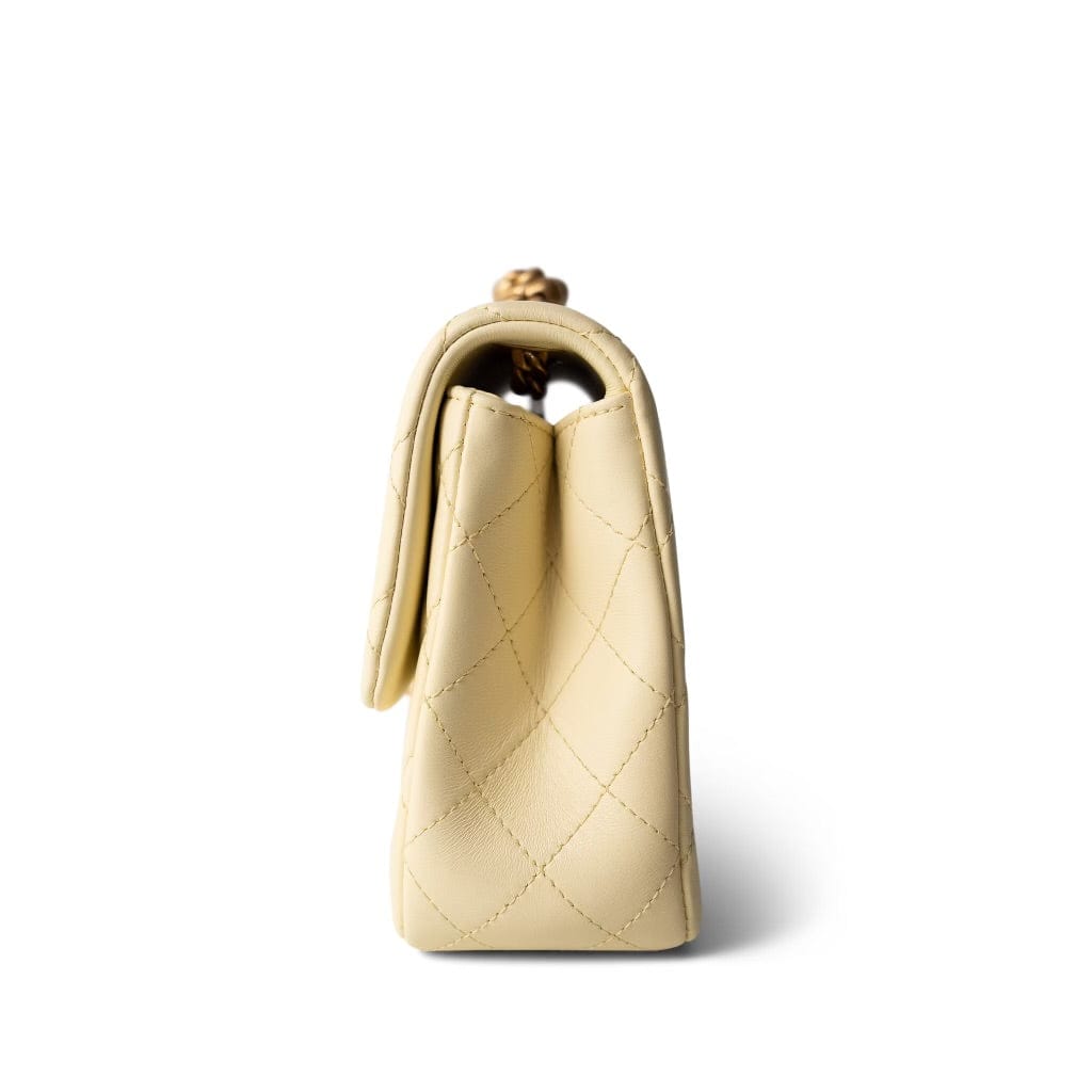 23S Light Yellow Lambskin Quilted Sweet Camelia Medium Single Flap Aged Gold Hardware