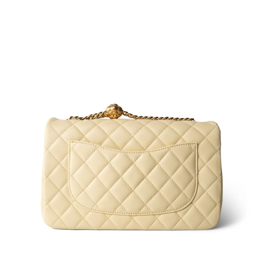 23S Light Yellow Lambskin Quilted Sweet Camelia Medium Single Flap Aged Gold Hardware