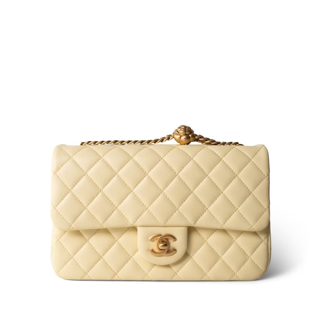 23S Light Yellow Lambskin Quilted Sweet Camelia Medium Single Flap Aged Gold Hardware