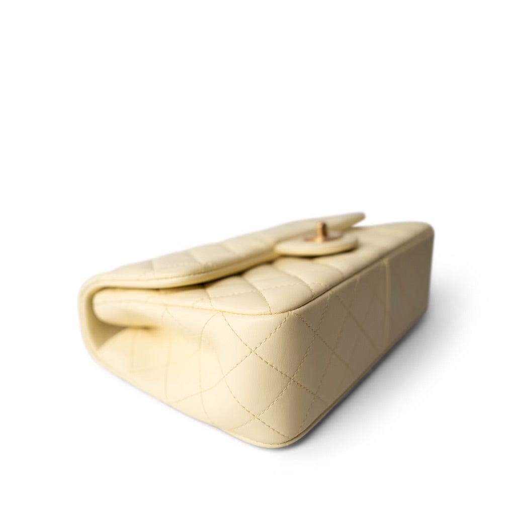 23S Light Yellow Lambskin Quilted Sweet Camelia Medium Single Flap Aged Gold Hardware