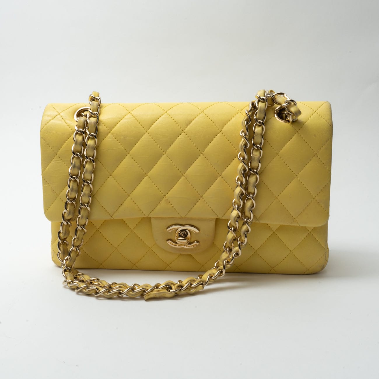 Yellow Lambskin Quilted Double Classic Flap Medium Light Gold Hardware