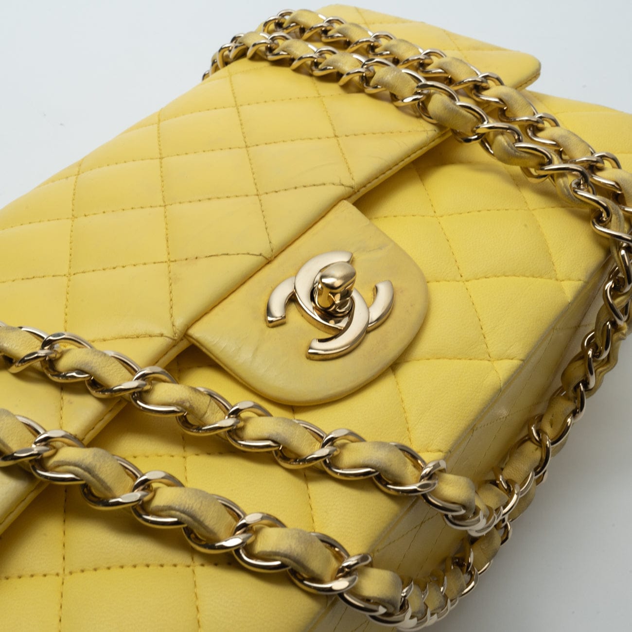Yellow Lambskin Quilted Double Classic Flap Medium Light Gold Hardware
