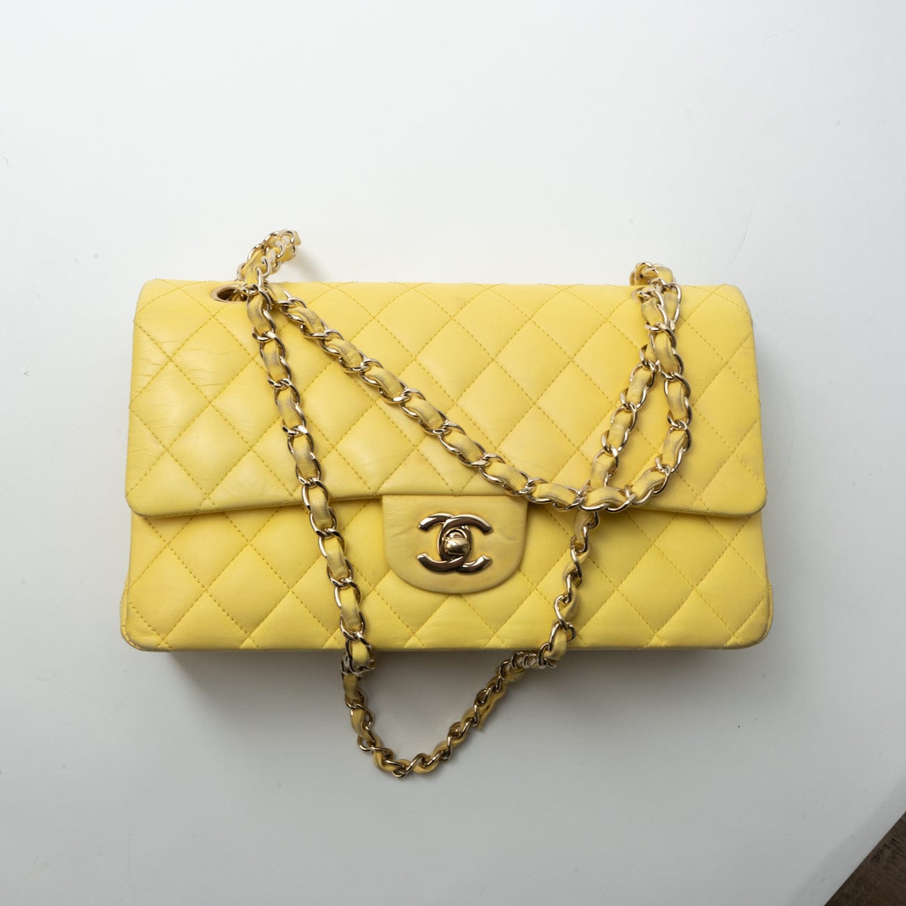 Yellow Lambskin Quilted Double Classic Flap Medium Light Gold Hardware