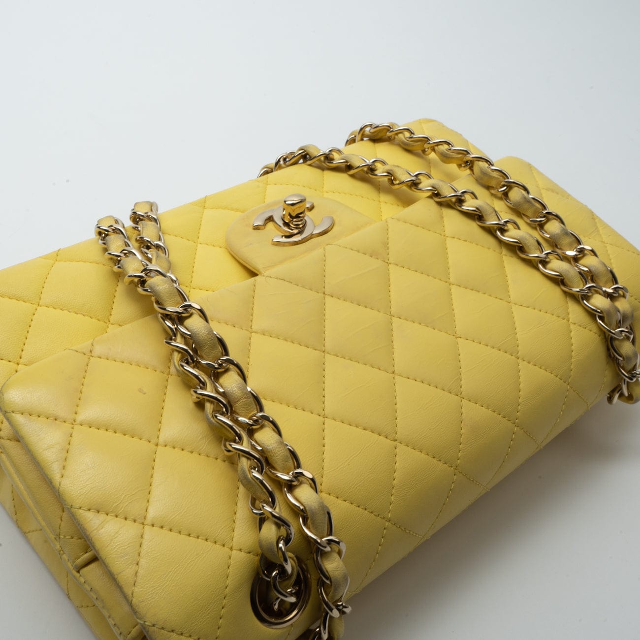 Yellow Lambskin Quilted Double Classic Flap Medium Light Gold Hardware