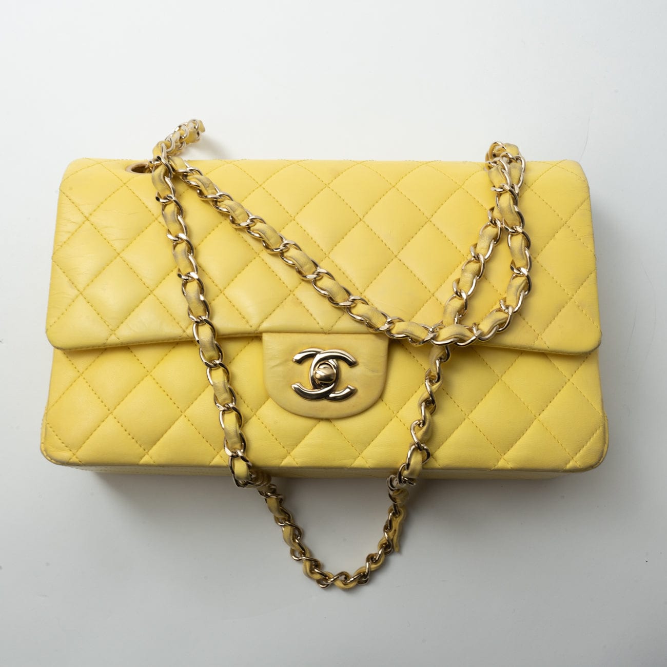 Yellow Lambskin Quilted Double Classic Flap Medium Light Gold Hardware