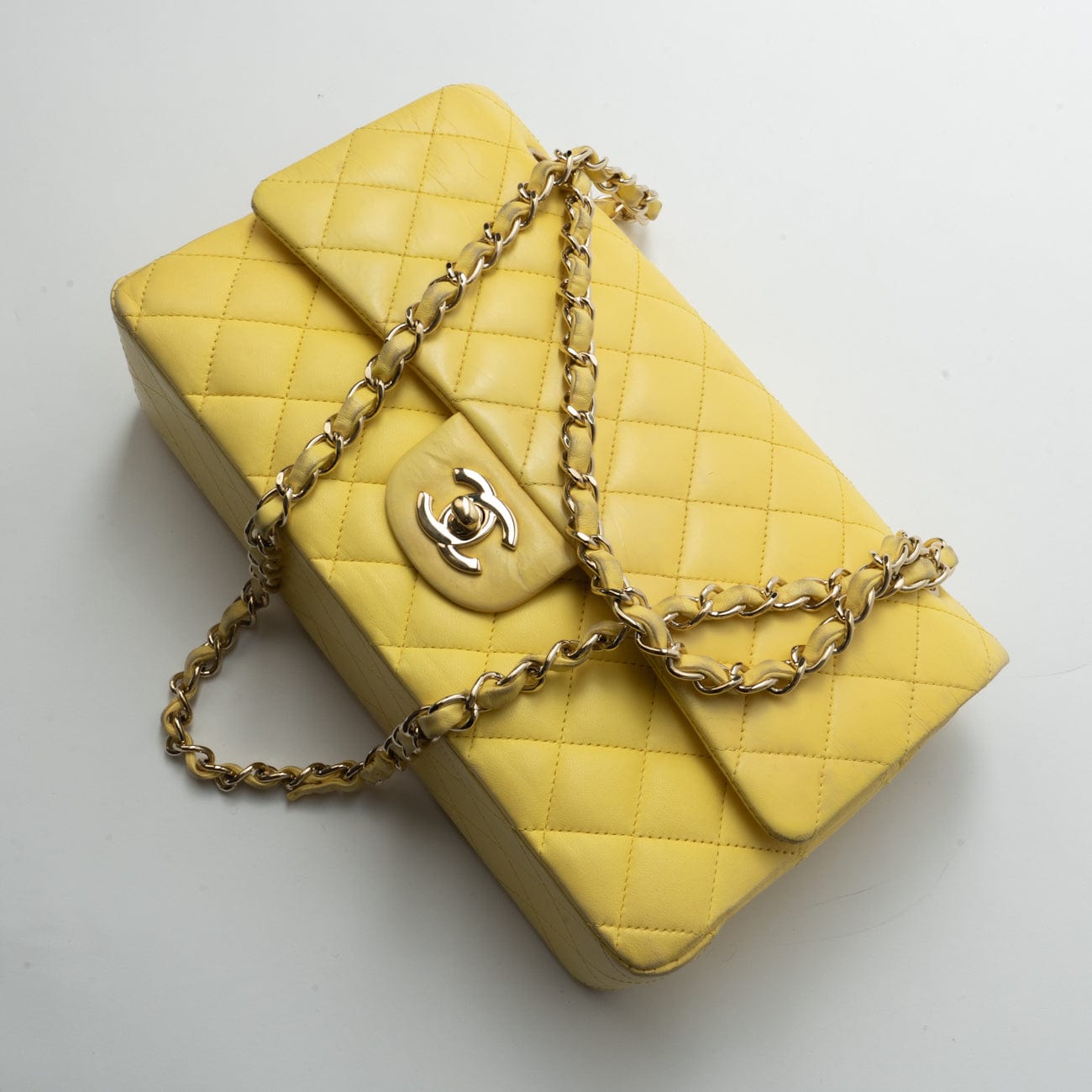 Yellow Lambskin Quilted Double Classic Flap Medium Light Gold Hardware