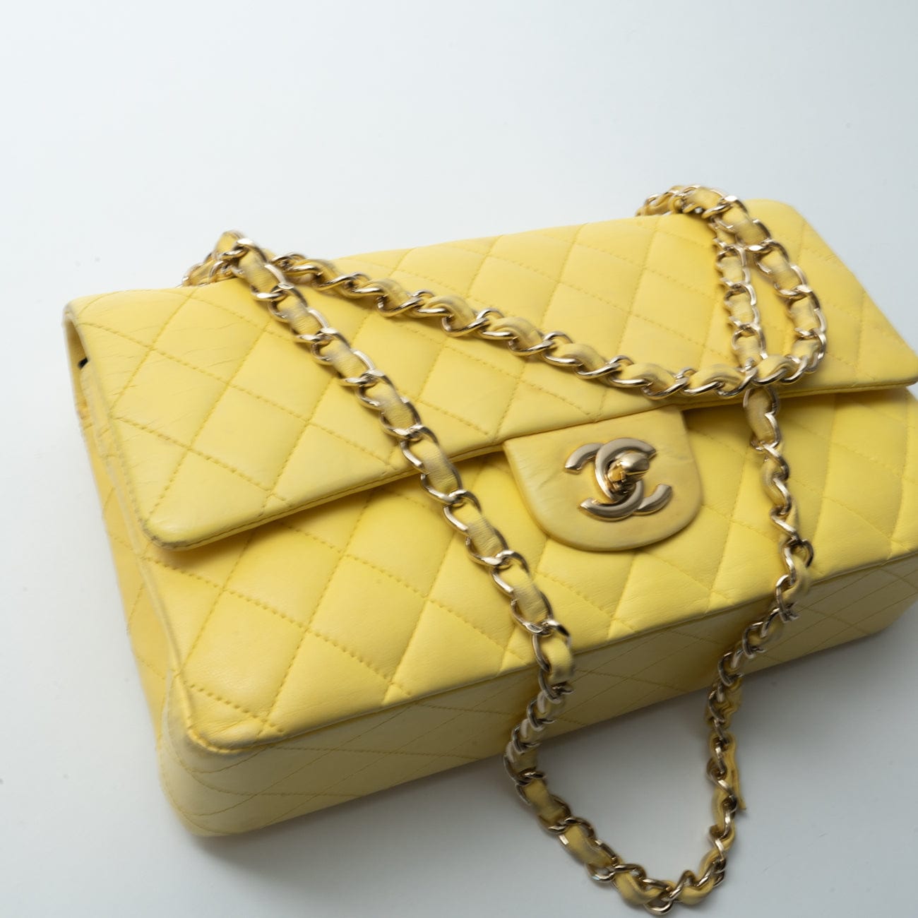 Yellow Lambskin Quilted Double Classic Flap Medium Light Gold Hardware