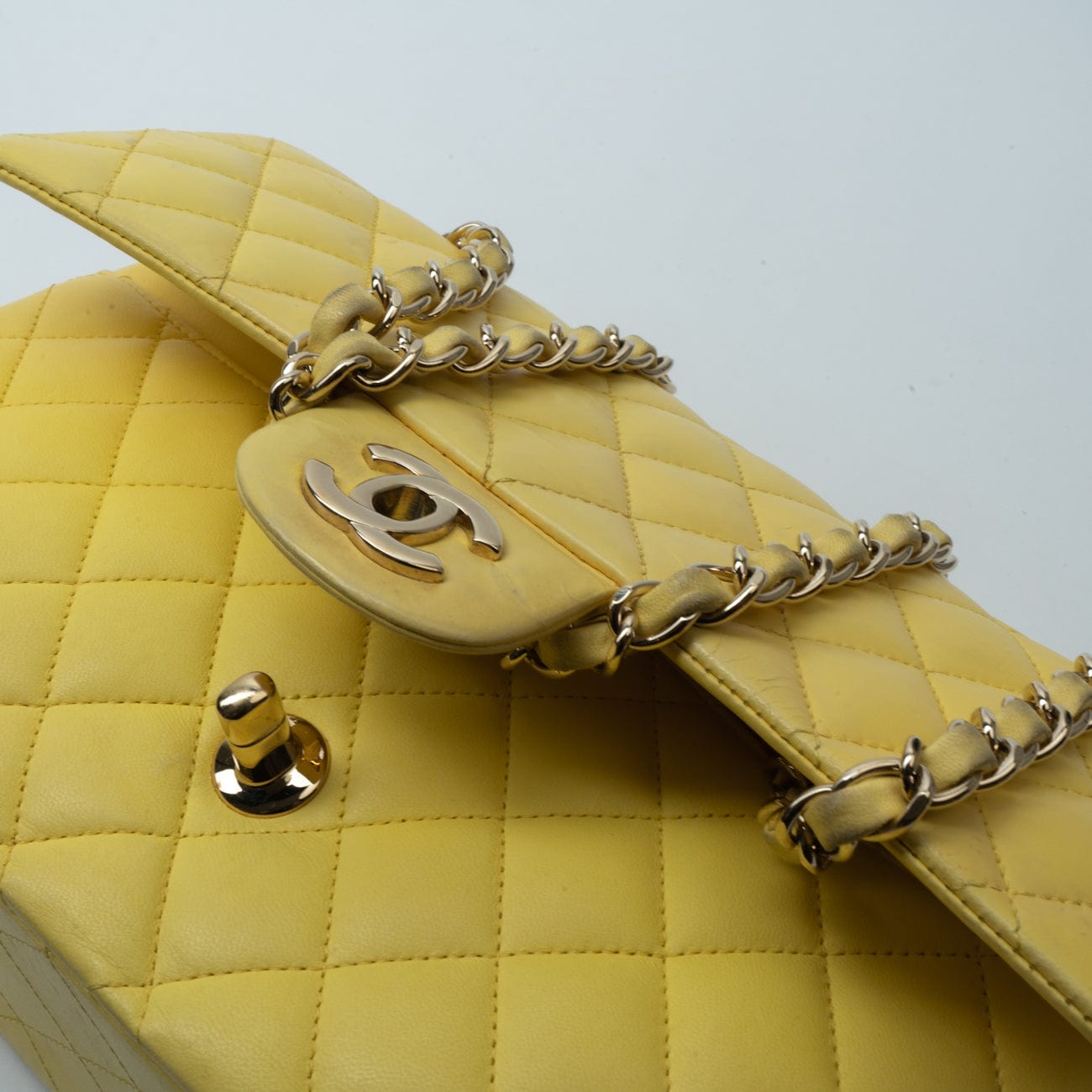 Yellow Lambskin Quilted Double Classic Flap Medium Light Gold Hardware