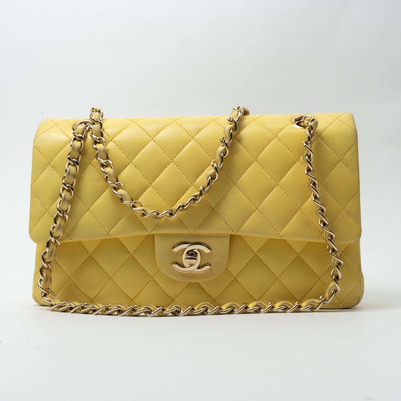 Yellow Lambskin Quilted Double Classic Flap Medium Light Gold Hardware
