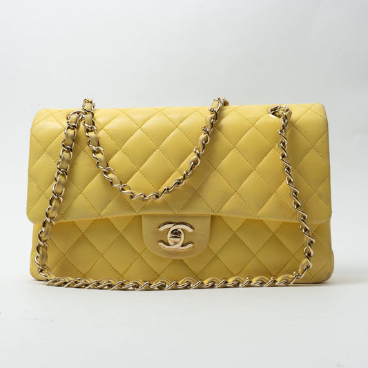 Yellow Lambskin Quilted Double Classic Flap Medium Light Gold Hardware