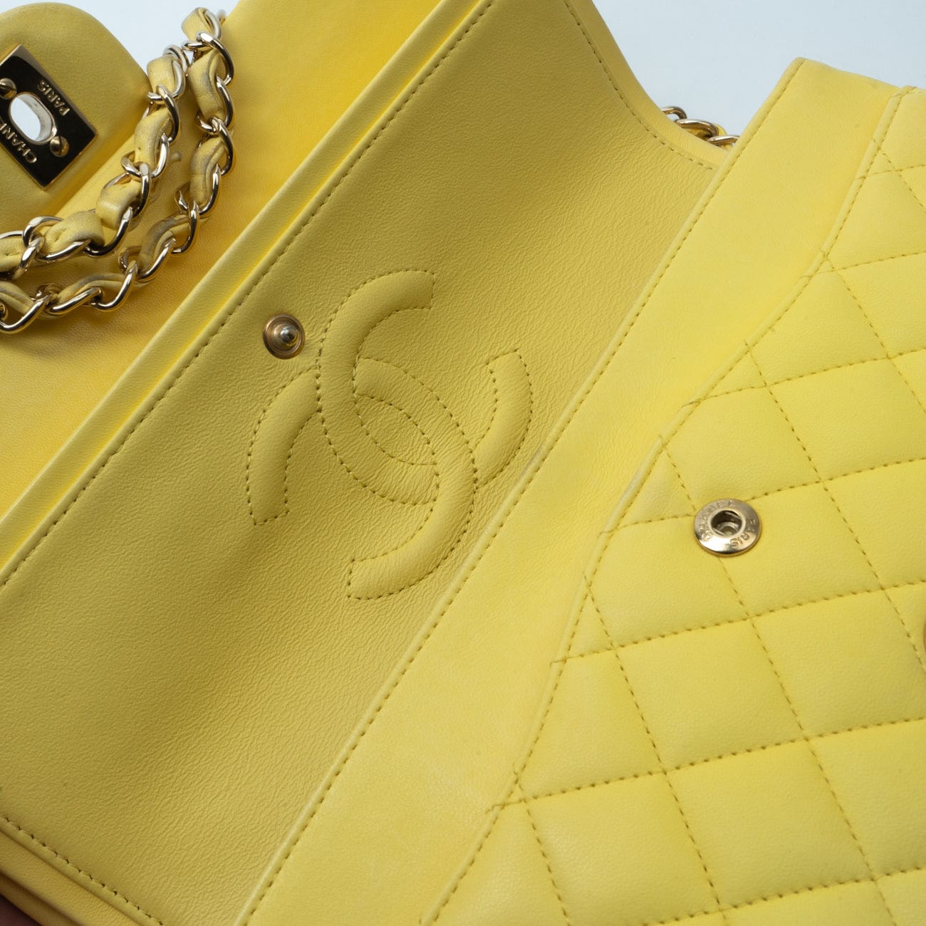 Yellow Lambskin Quilted Double Classic Flap Medium Light Gold Hardware