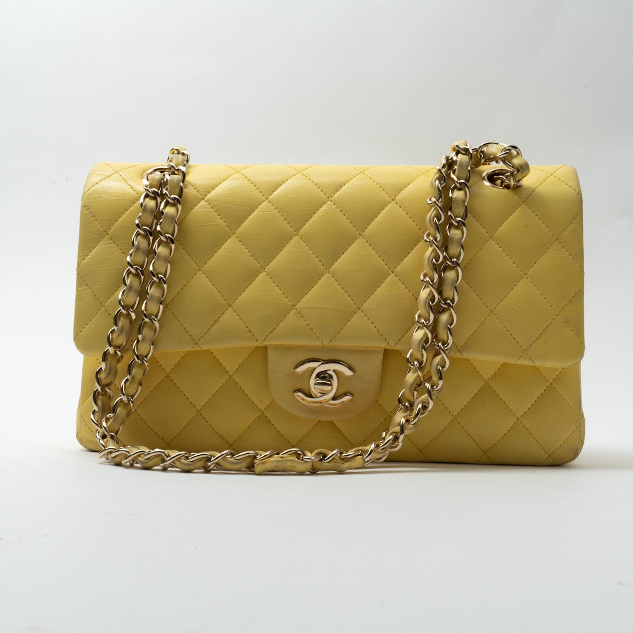 Yellow Lambskin Quilted Double Classic Flap Medium Light Gold Hardware
