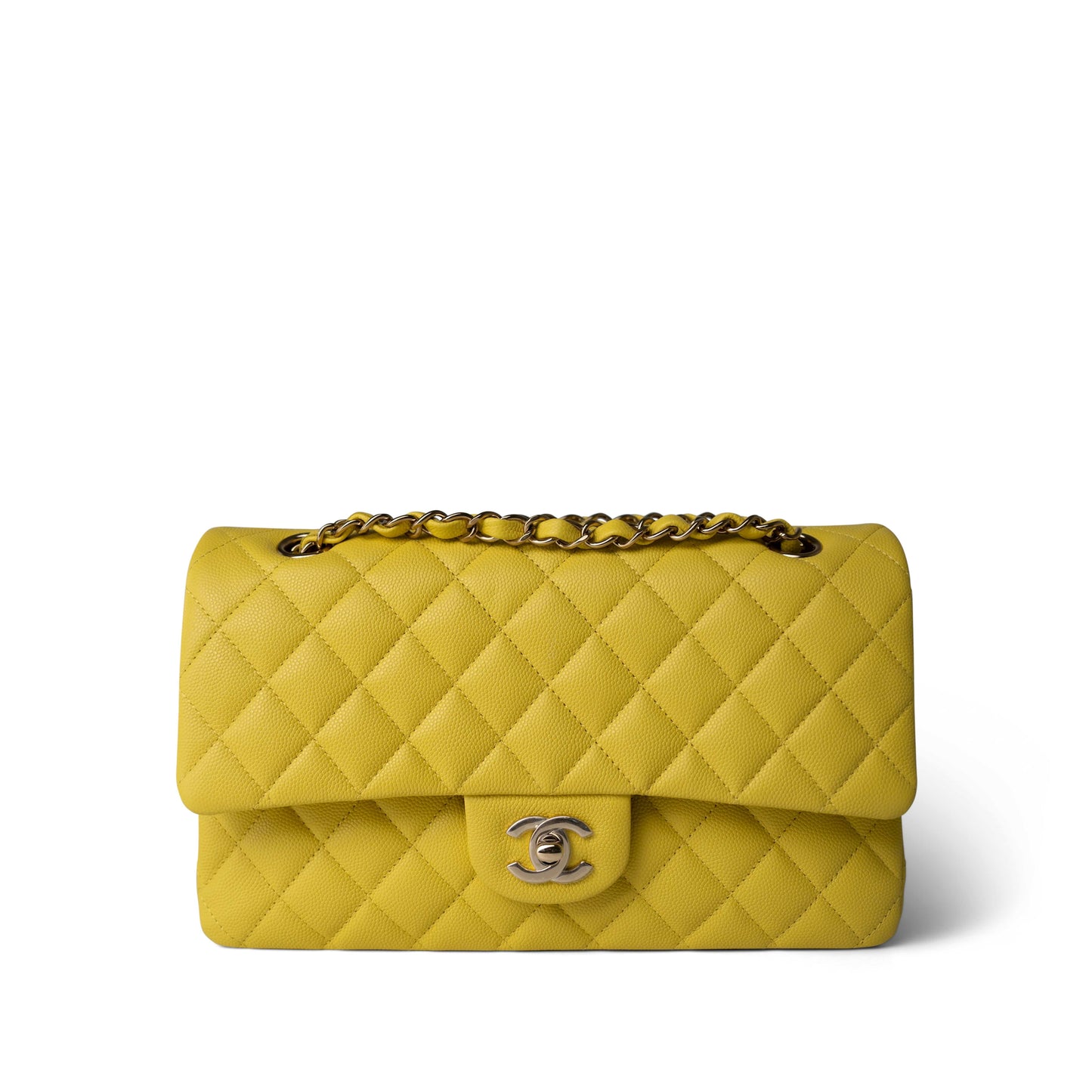 Yellow Caviar Quilted Classic Flap Medium Light Gold Hardware