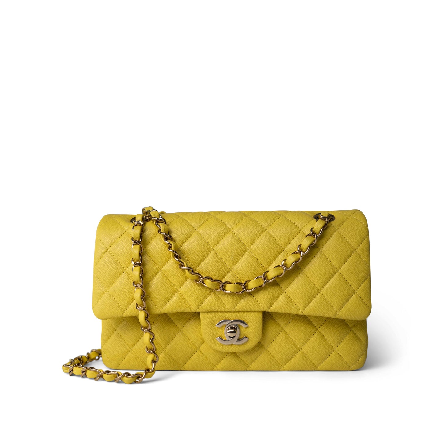 Yellow Caviar Quilted Classic Flap Medium Light Gold Hardware