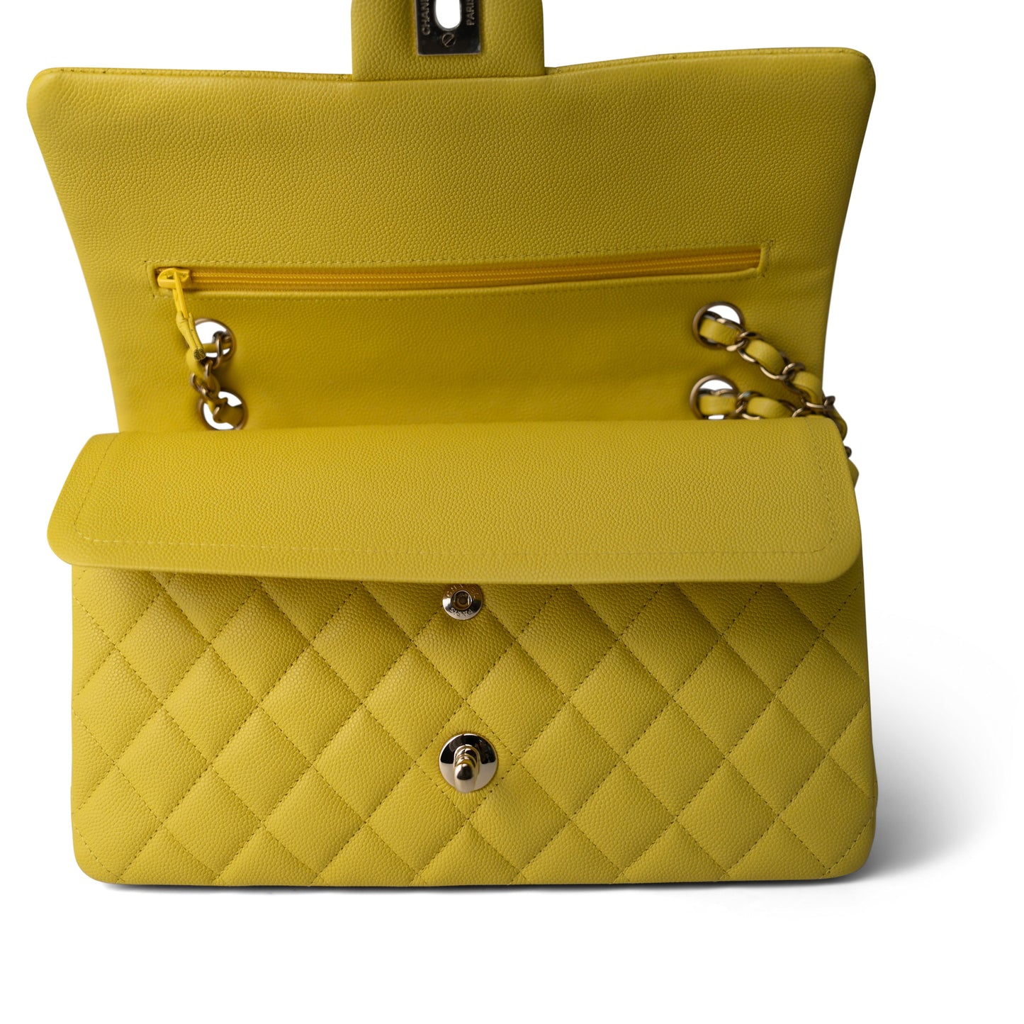 Yellow Caviar Quilted Classic Flap Medium Light Gold Hardware