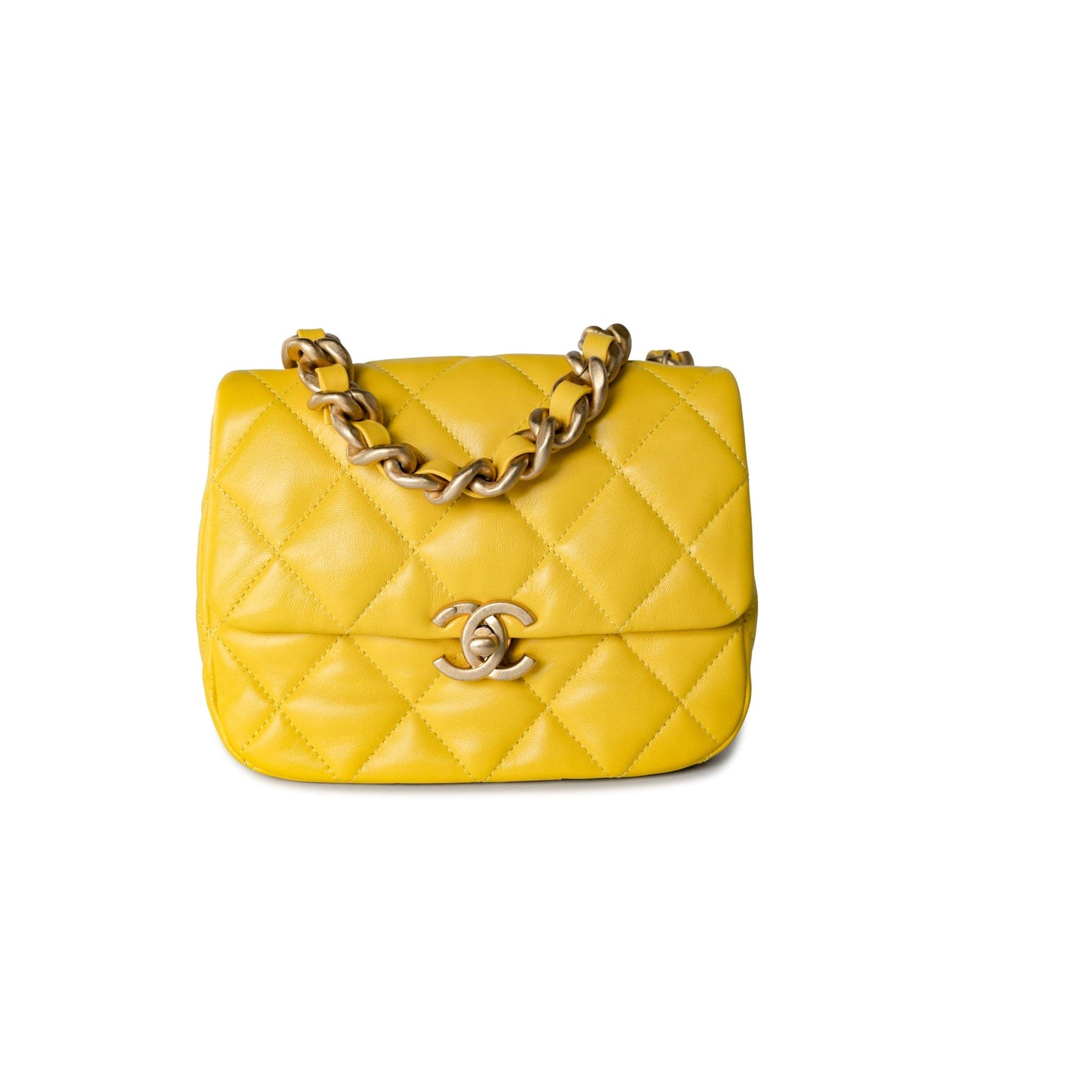 Yellow Lambskin Quilted Lacquered Metal CC Flap Bag