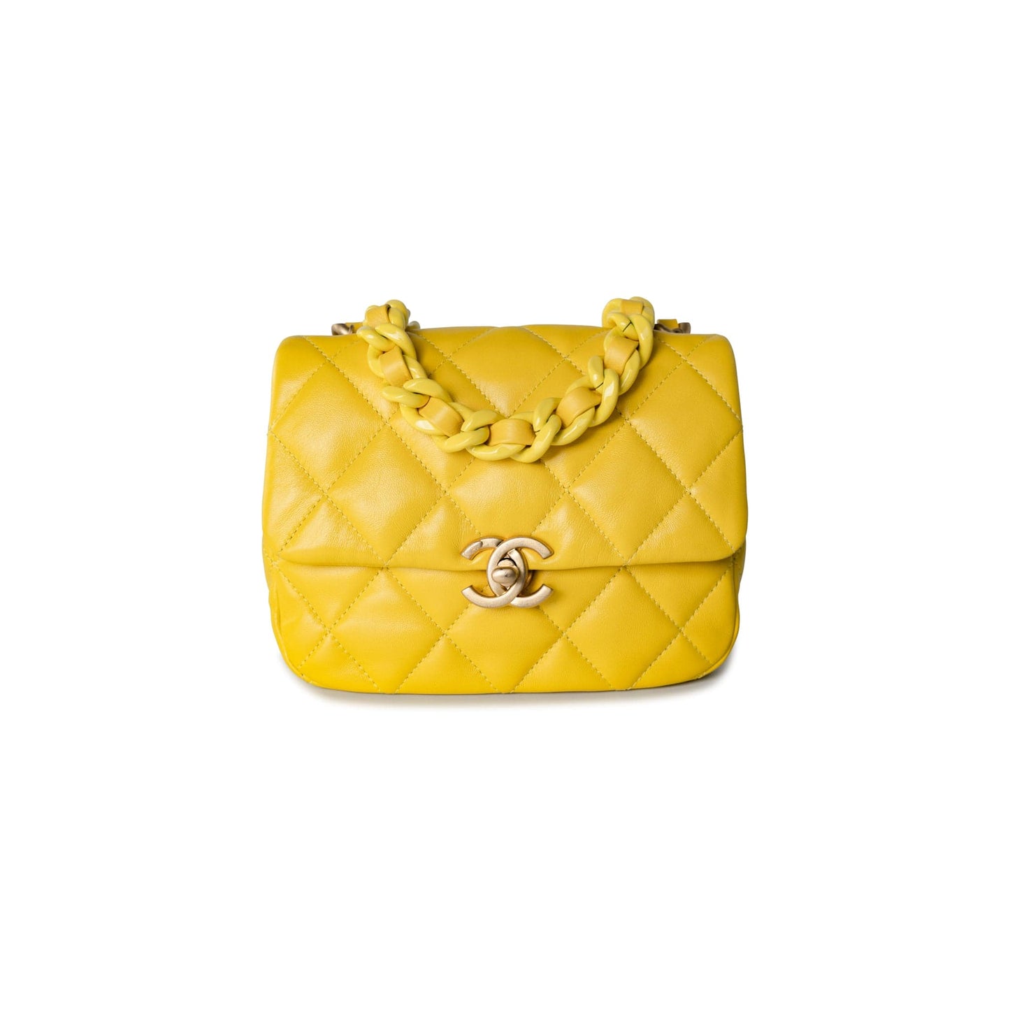 Yellow Lambskin Quilted Lacquered Metal CC Flap Bag