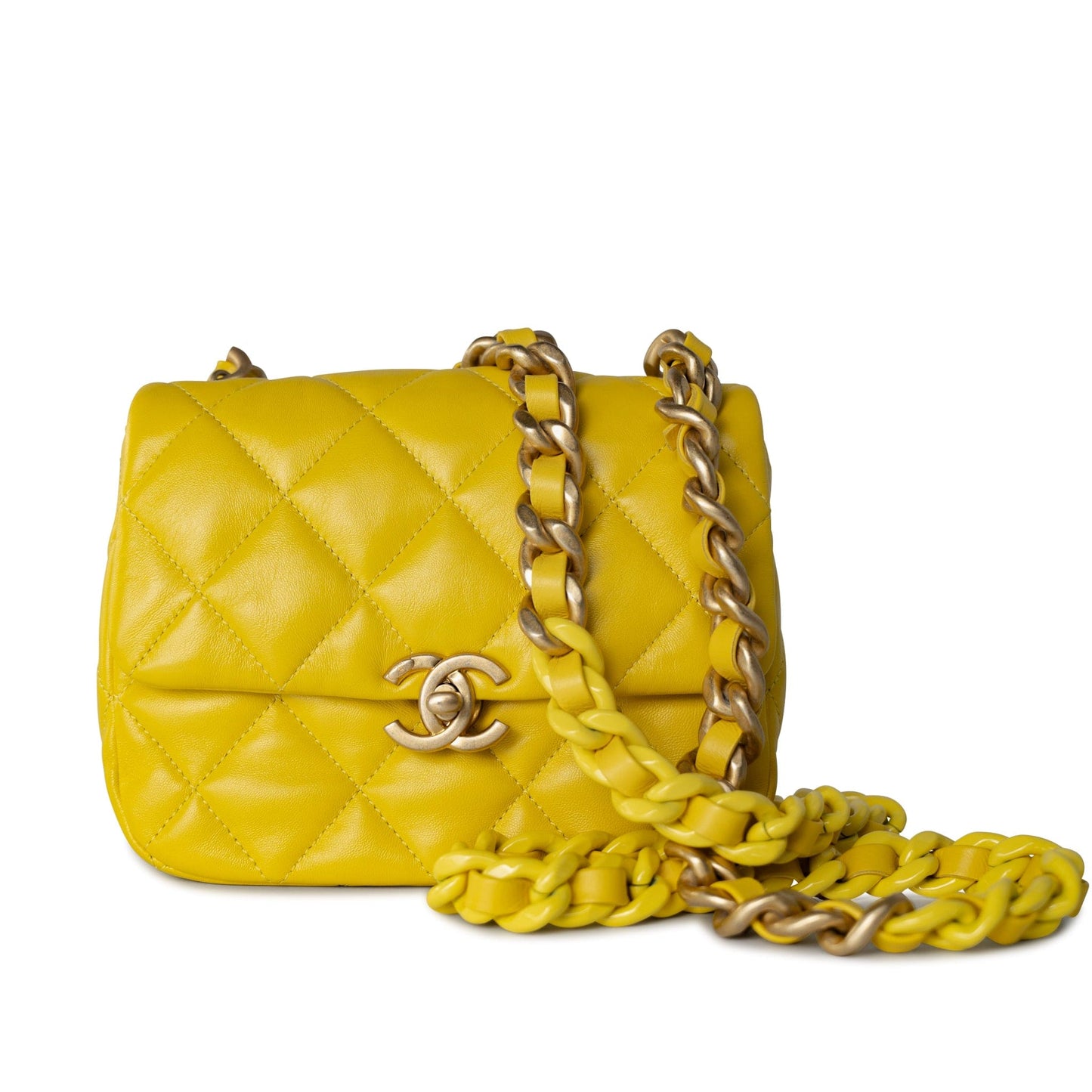 Yellow Lambskin Quilted Lacquered Metal CC Flap Bag