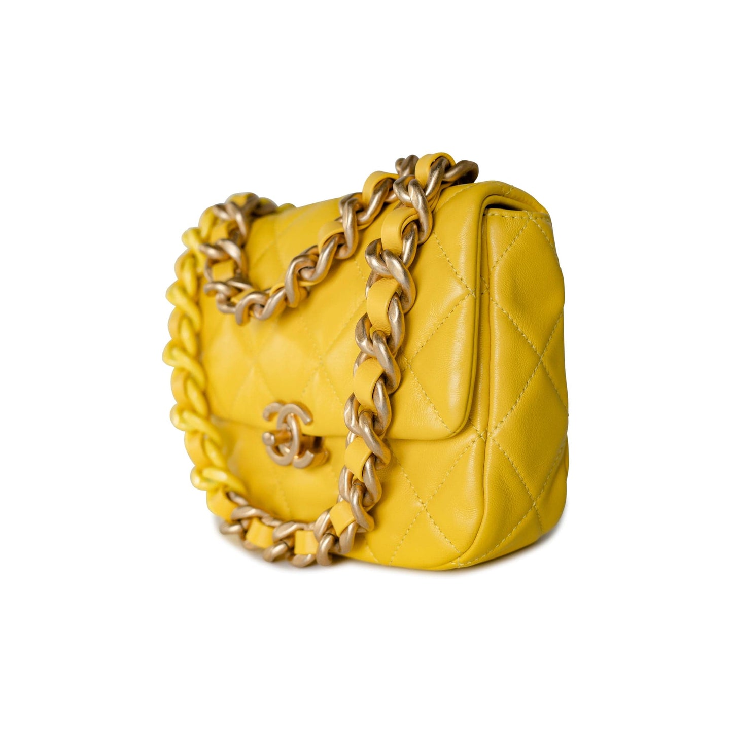 Yellow Lambskin Quilted Lacquered Metal CC Flap Bag