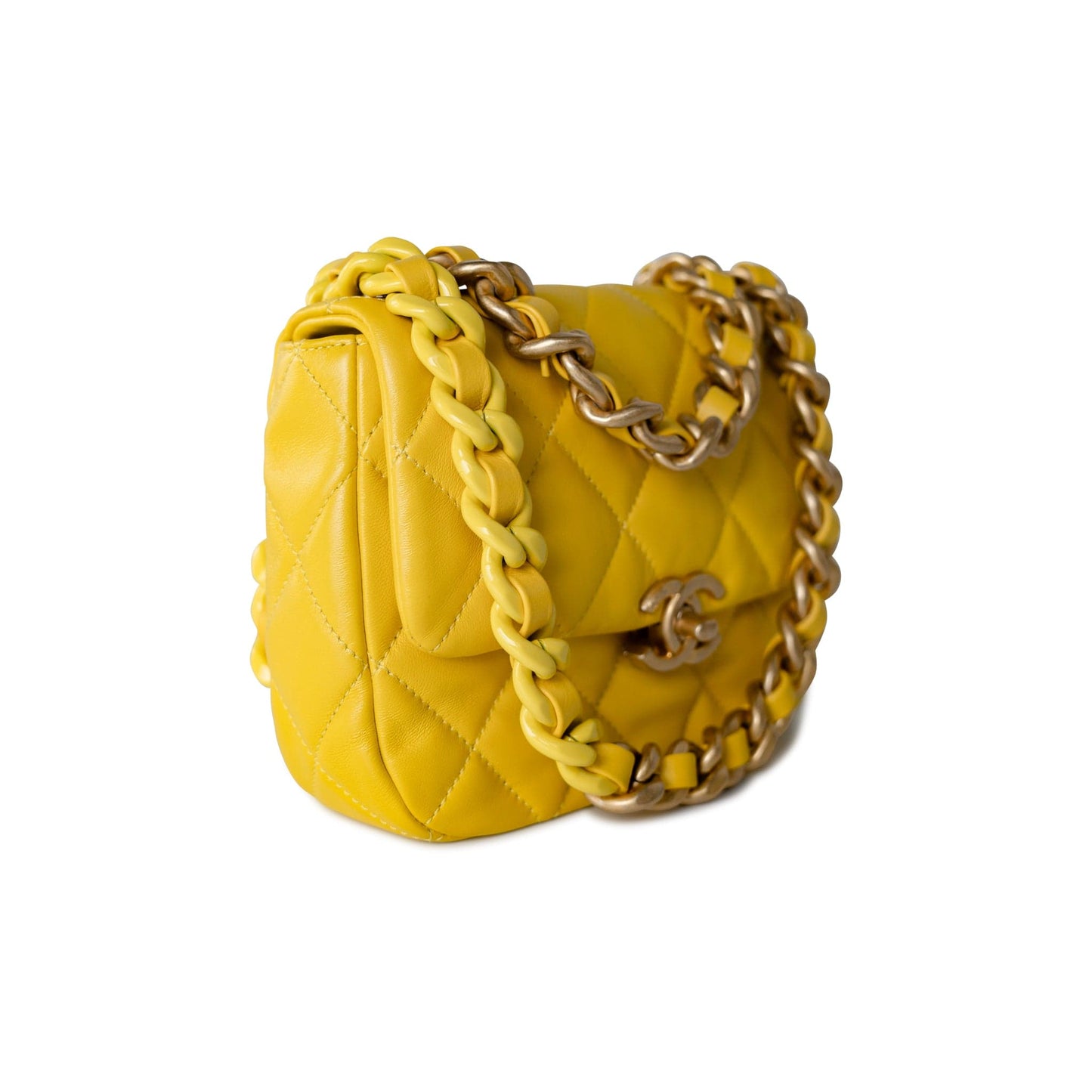 Yellow Lambskin Quilted Lacquered Metal CC Flap Bag