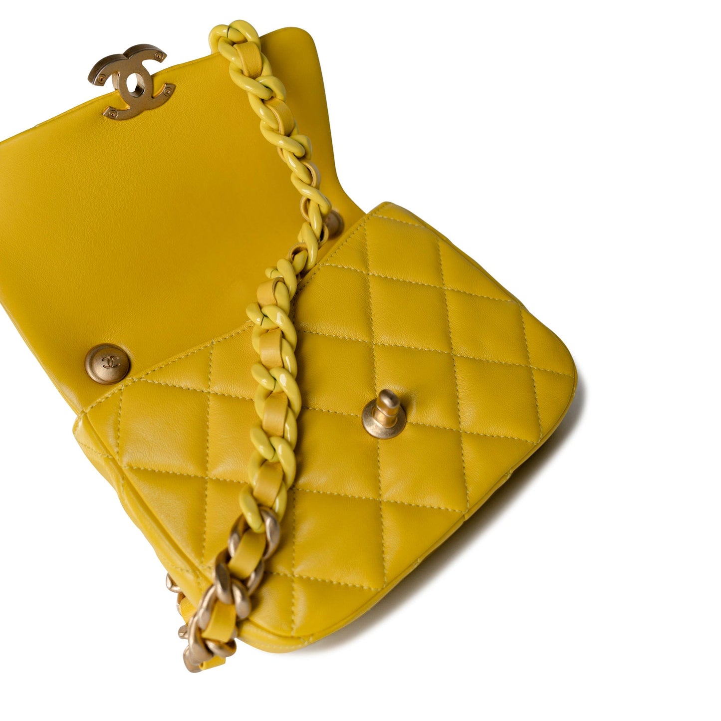 Yellow Lambskin Quilted Lacquered Metal CC Flap Bag