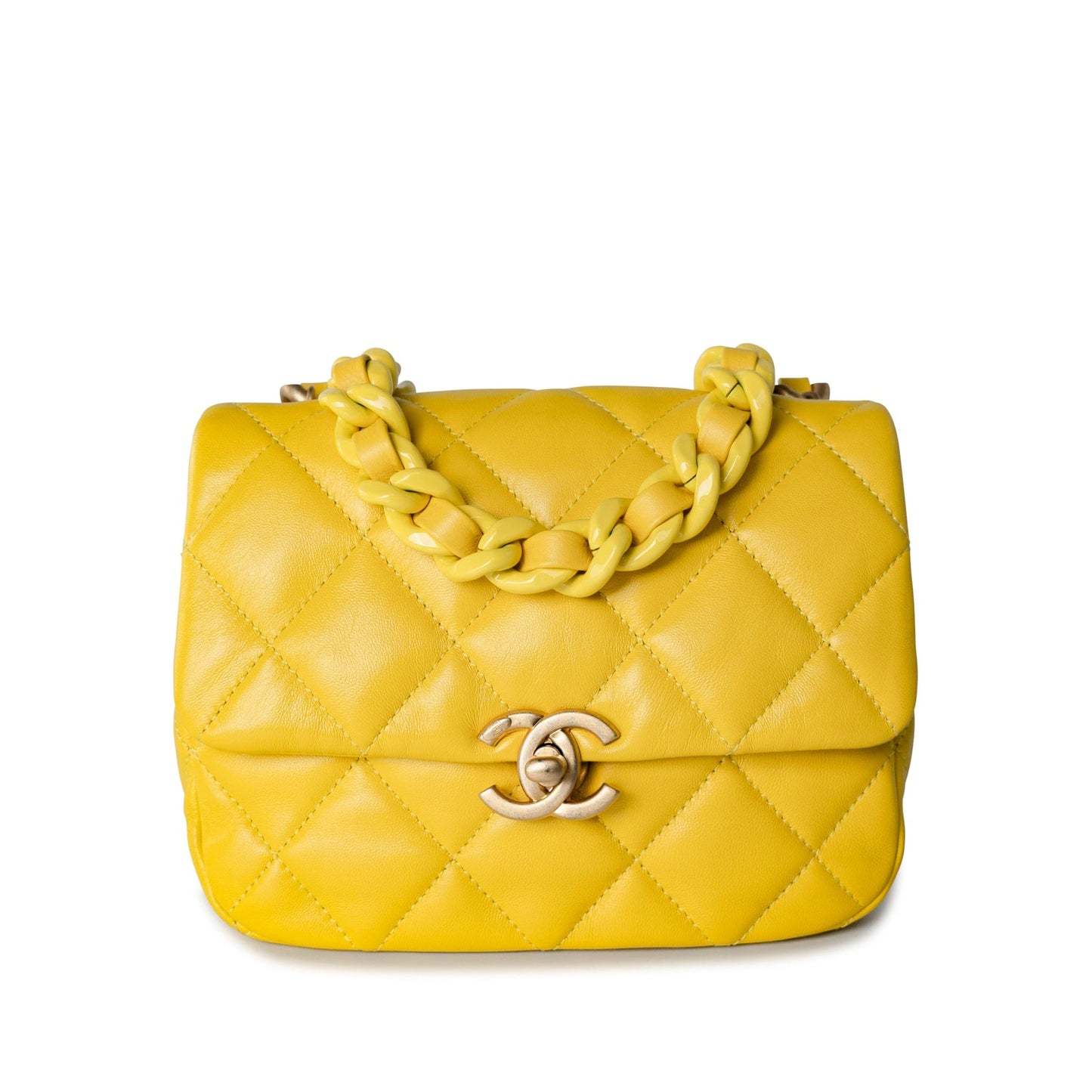Yellow Lambskin Quilted Lacquered Metal CC Flap Bag
