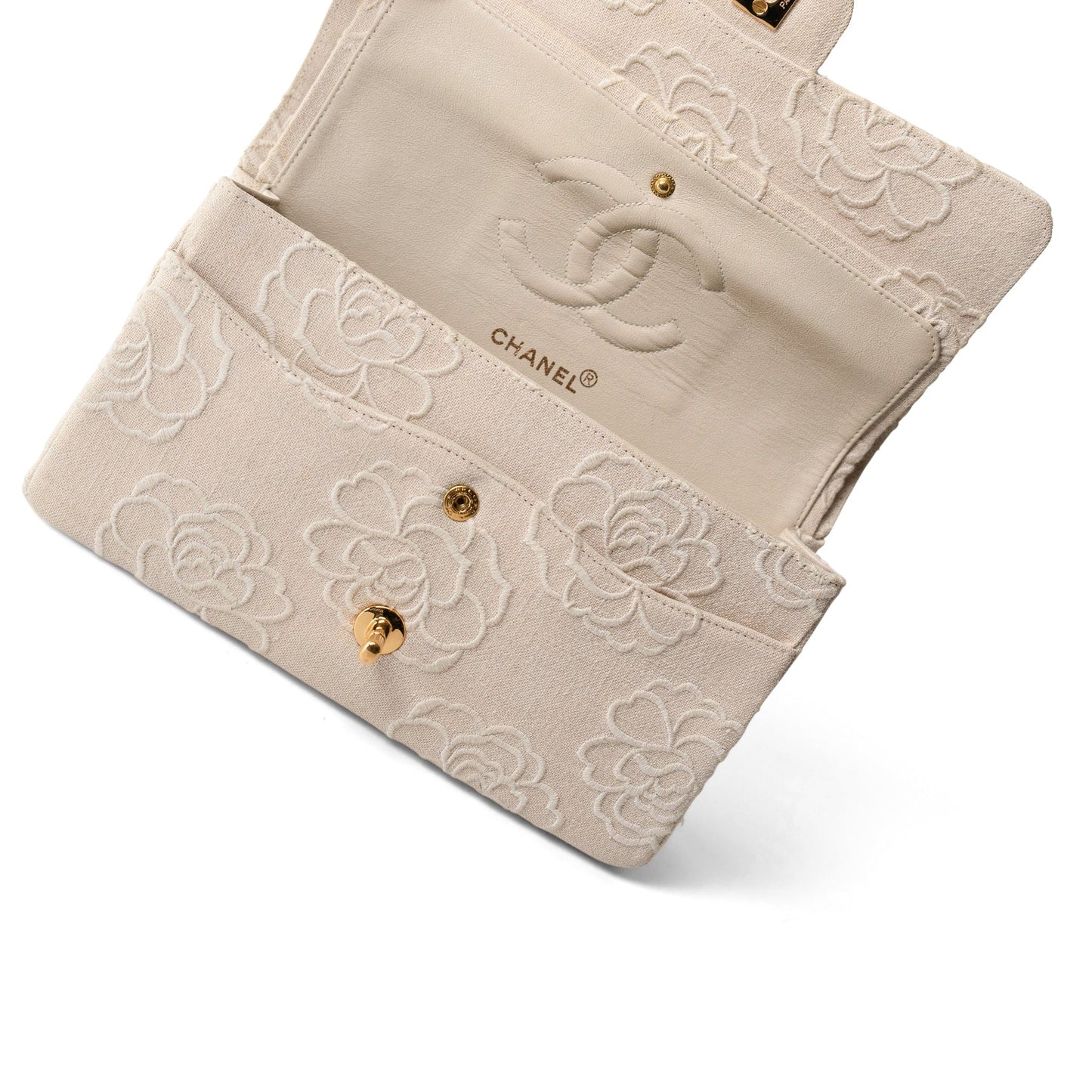Ivory Canvas Camellia Classic Double Flap Gold Hardware Vintage