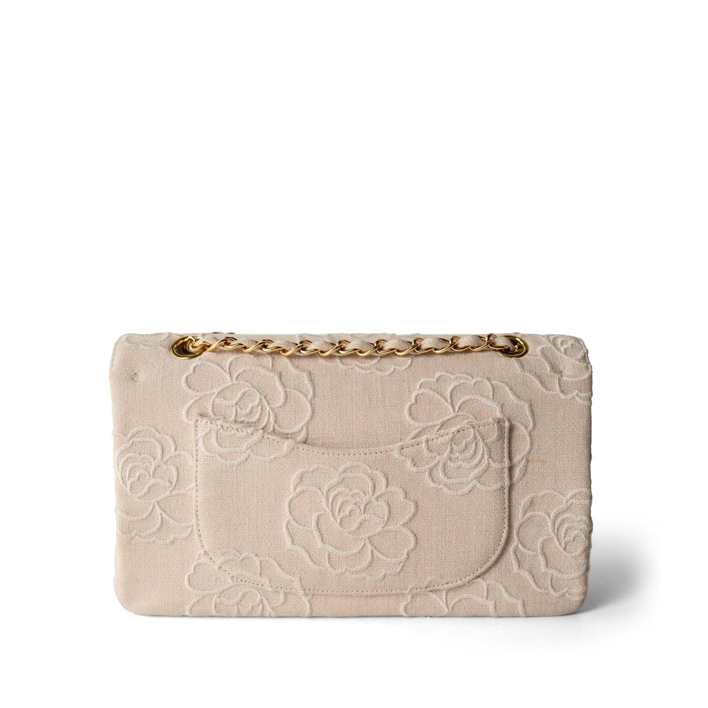 Ivory Canvas Camellia Classic Double Flap Gold Hardware Vintage