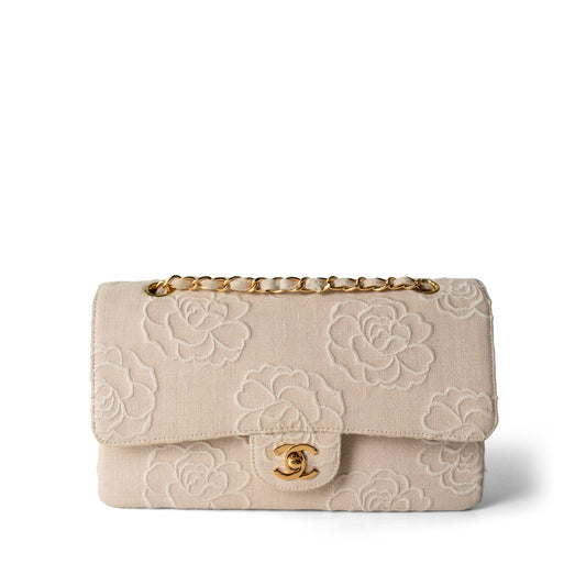 Ivory Canvas Camellia Classic Double Flap Gold Hardware Vintage