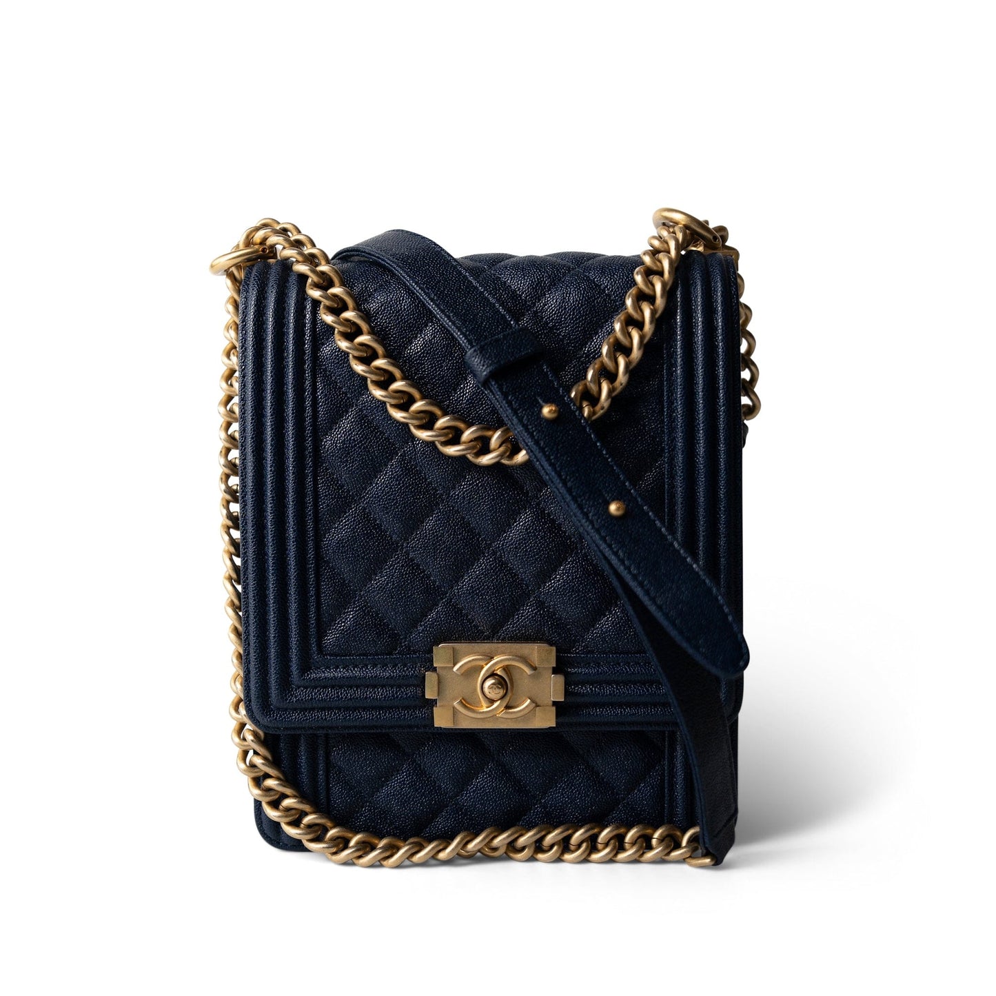 Navy Caviar Quilted North South Boy Bag Aged Gold Hardware