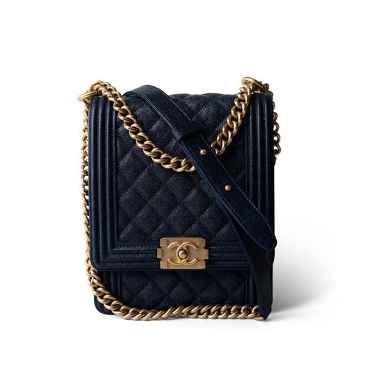 Navy Caviar Quilted North South Boy Bag Aged Gold Hardware
