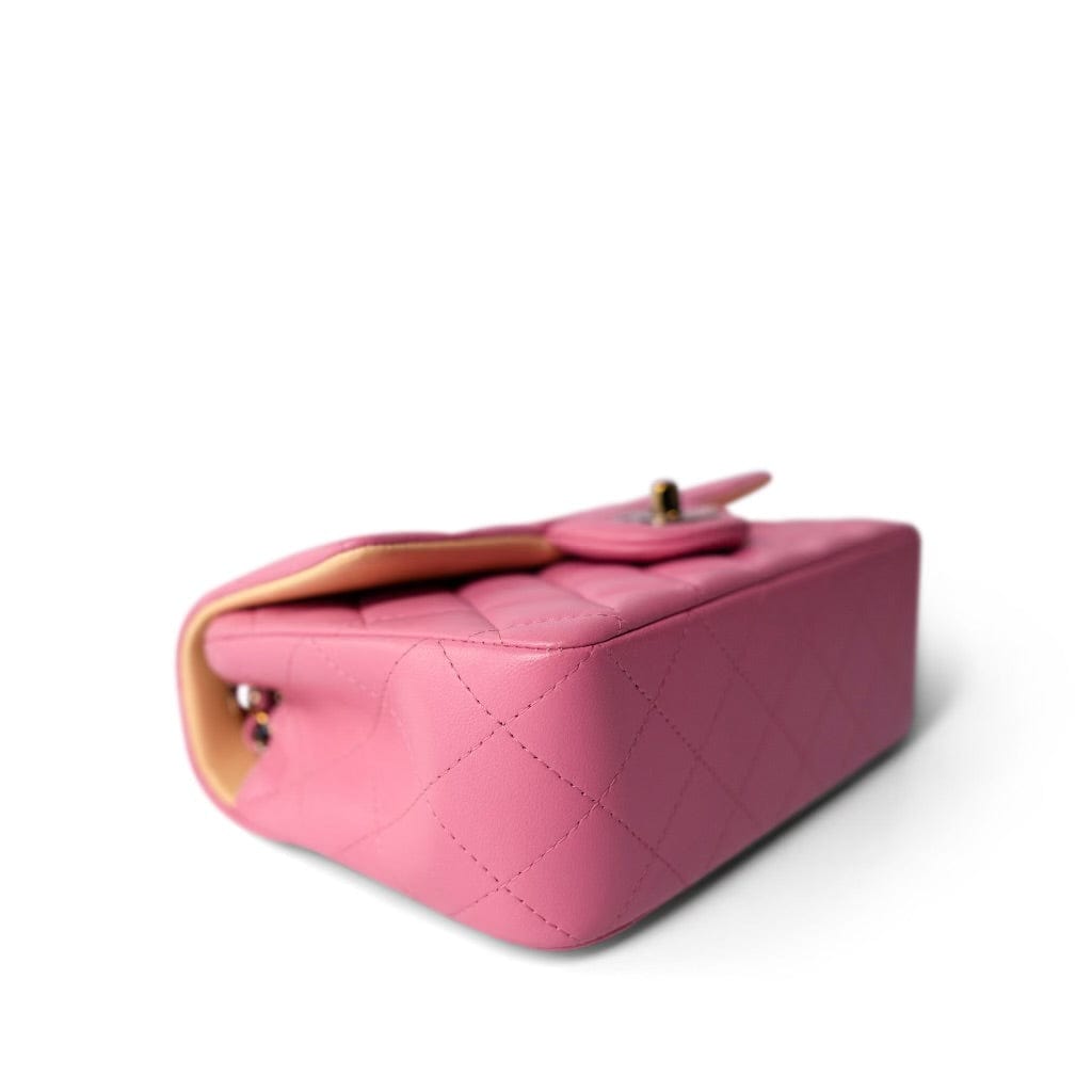 21P Pink Lambskin Quilted Mini Rectangular Flap Rainbow Hardware