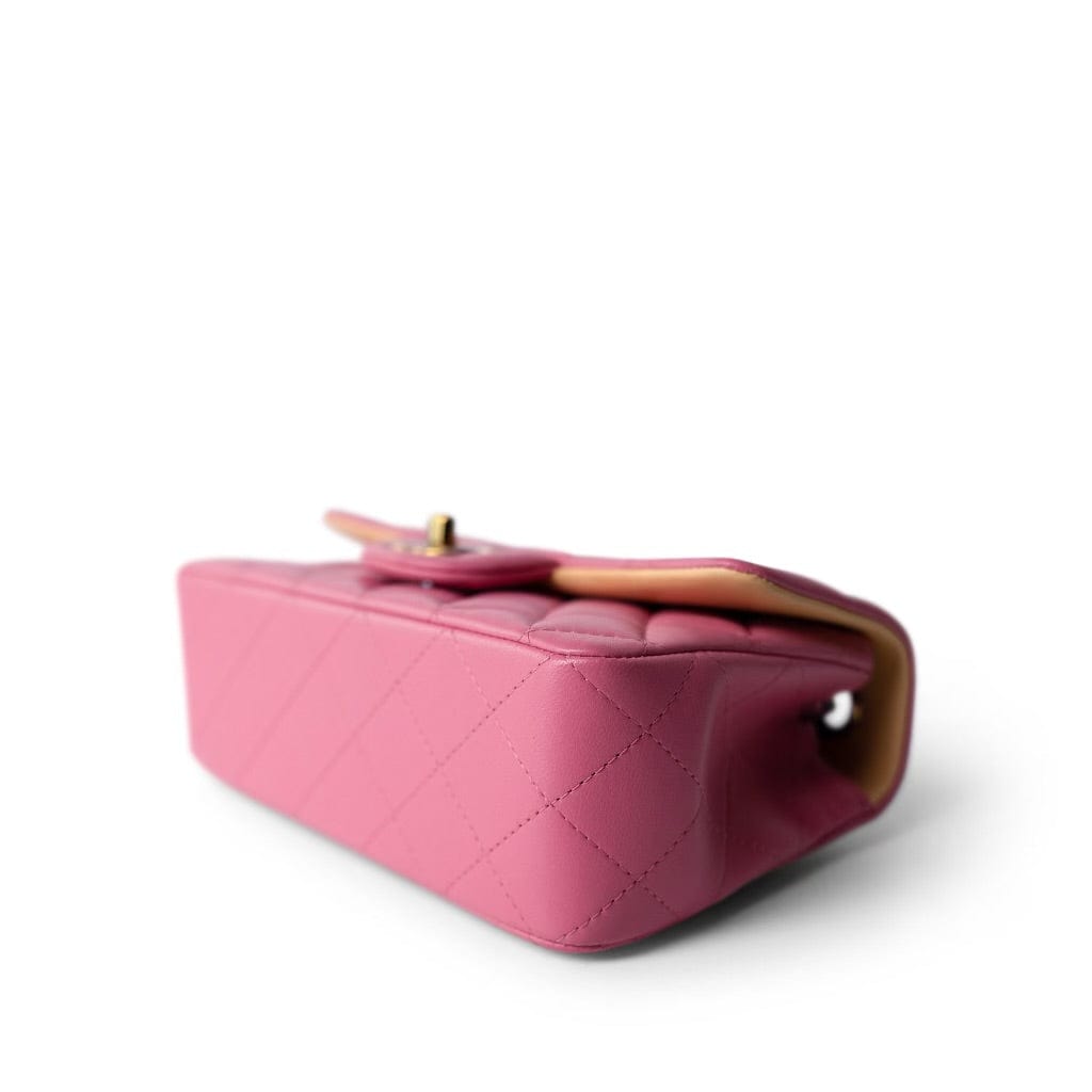 21P Pink Lambskin Quilted Mini Rectangular Flap Rainbow Hardware