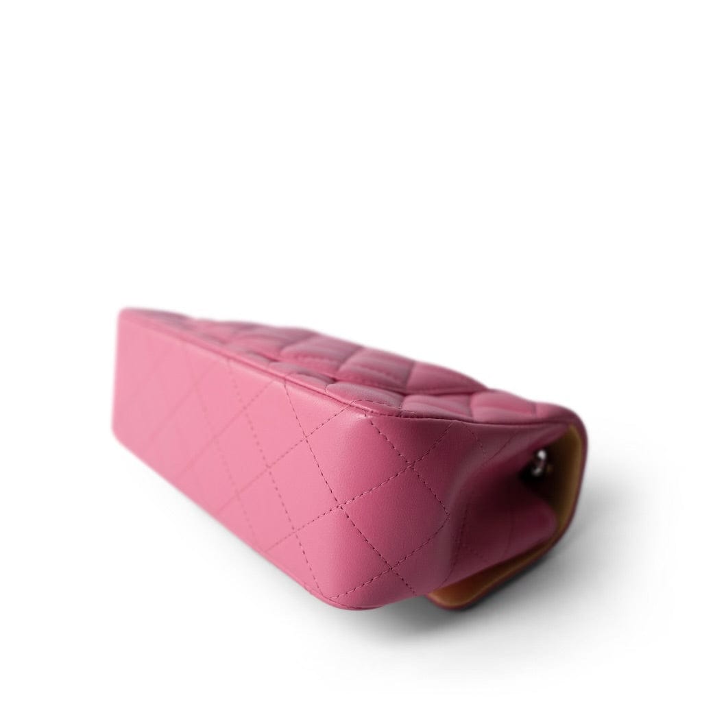 21P Pink Lambskin Quilted Mini Rectangular Flap Rainbow Hardware