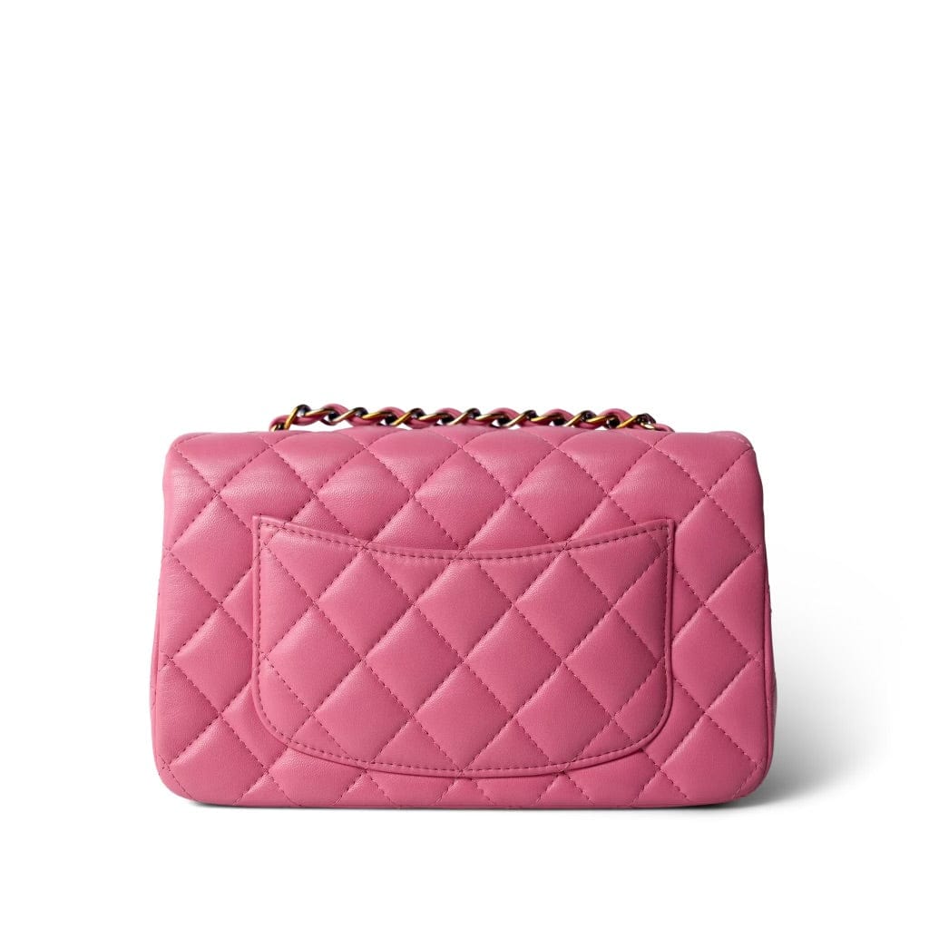 21P Pink Lambskin Quilted Mini Rectangular Flap Rainbow Hardware