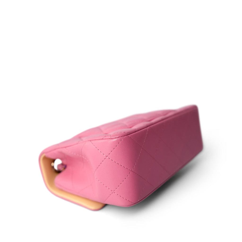 21P Pink Lambskin Quilted Mini Rectangular Flap Rainbow Hardware