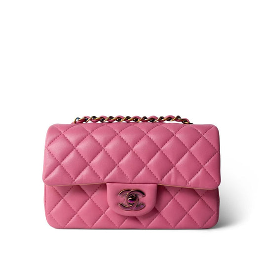 21P Pink Lambskin Quilted Mini Rectangular Flap Rainbow Hardware