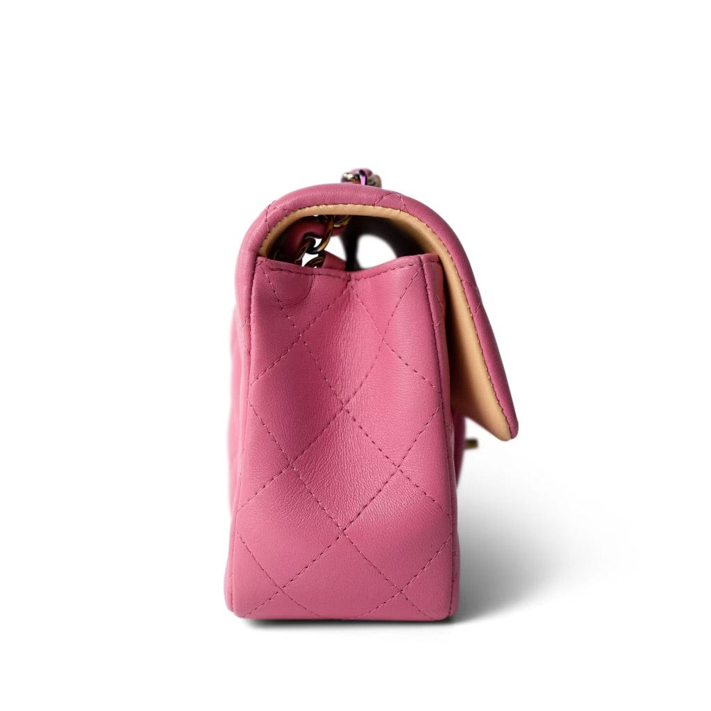 21P Pink Lambskin Quilted Mini Rectangular Flap Rainbow Hardware