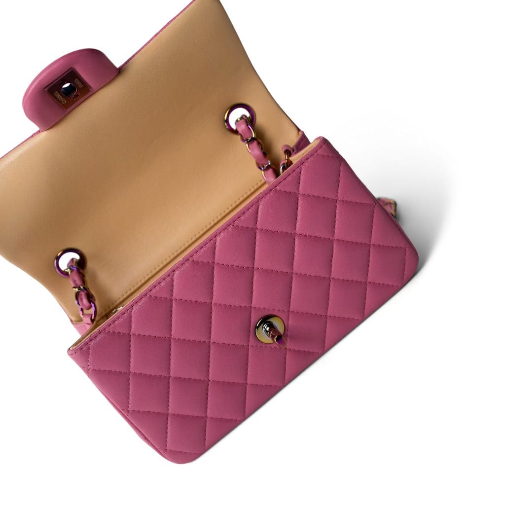 21P Pink Lambskin Quilted Mini Rectangular Flap Rainbow Hardware
