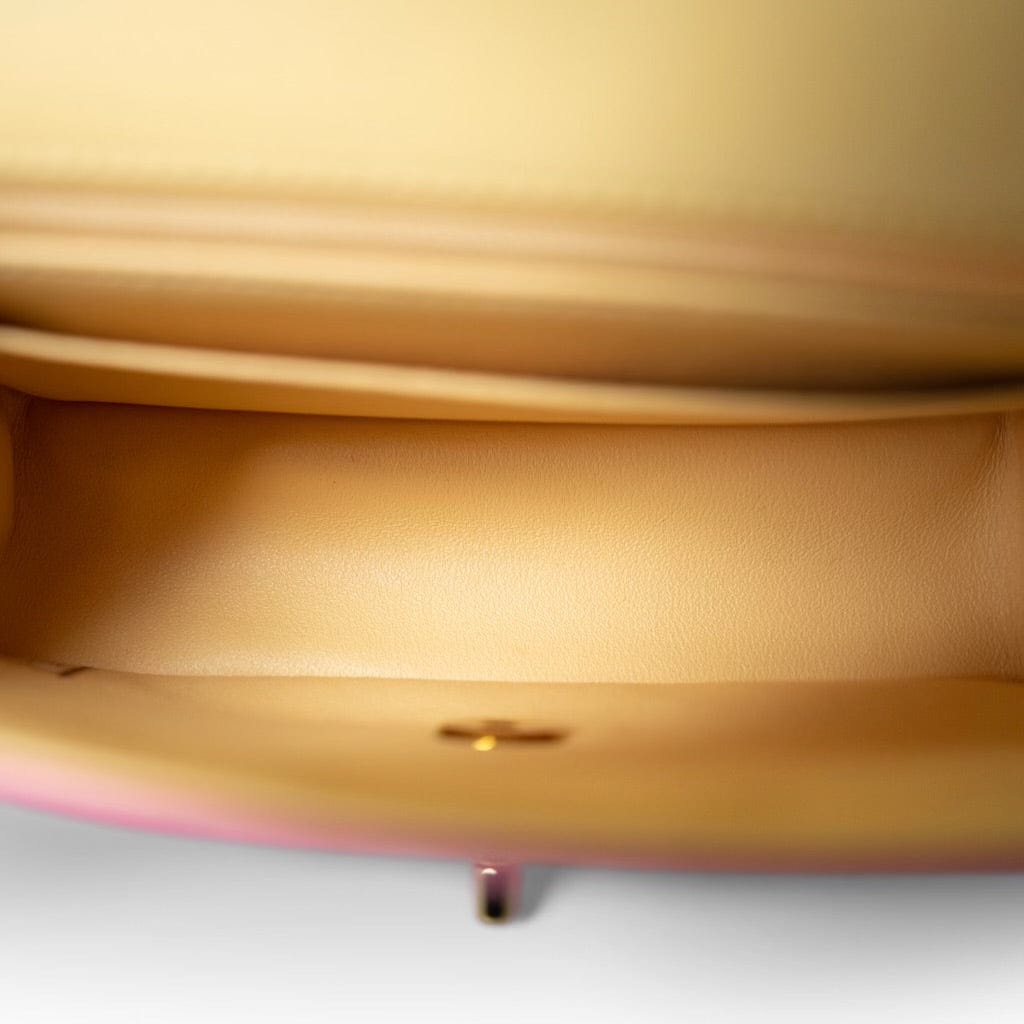 21P Pink Lambskin Quilted Mini Rectangular Flap Rainbow Hardware