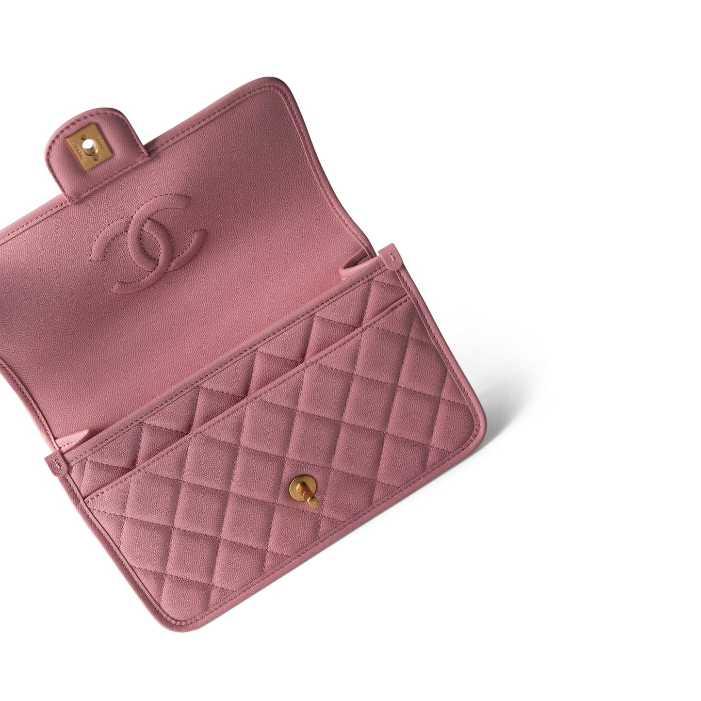22K Pink Caviar Quilted School Memory Top Handle Flap Aged Gold Hardware