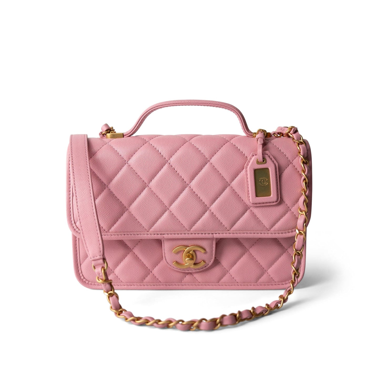 22K Pink Caviar Quilted School Memory Top Handle Flap Aged Gold Hardware