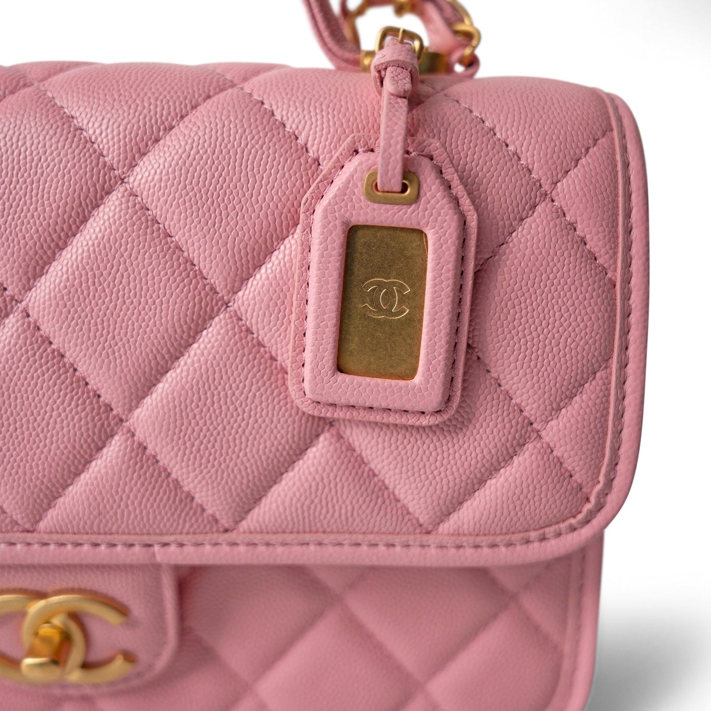 22K Pink Caviar Quilted School Memory Top Handle Flap Aged Gold Hardware