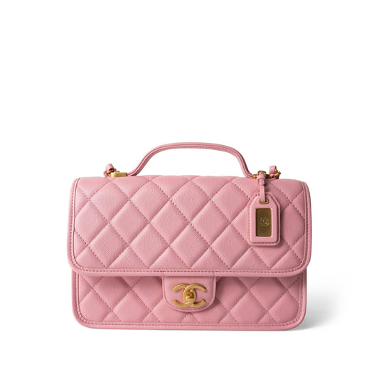 22K Pink Caviar Quilted School Memory Top Handle Flap Aged Gold Hardware