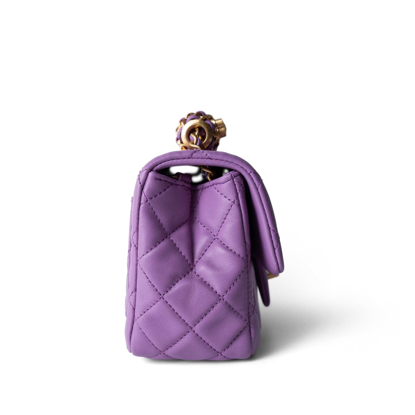 Purple Lambskin Quilted Pearl Crush Mini Square Aged Gold Hardware
