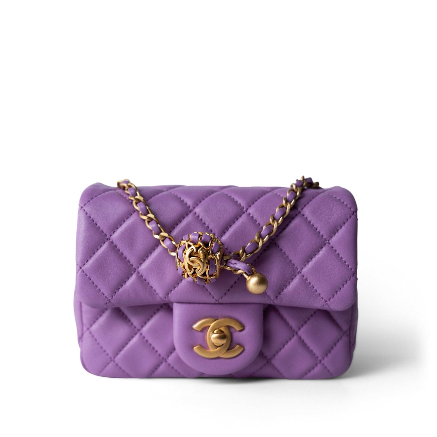 Purple Lambskin Quilted Pearl Crush Mini Square Aged Gold Hardware