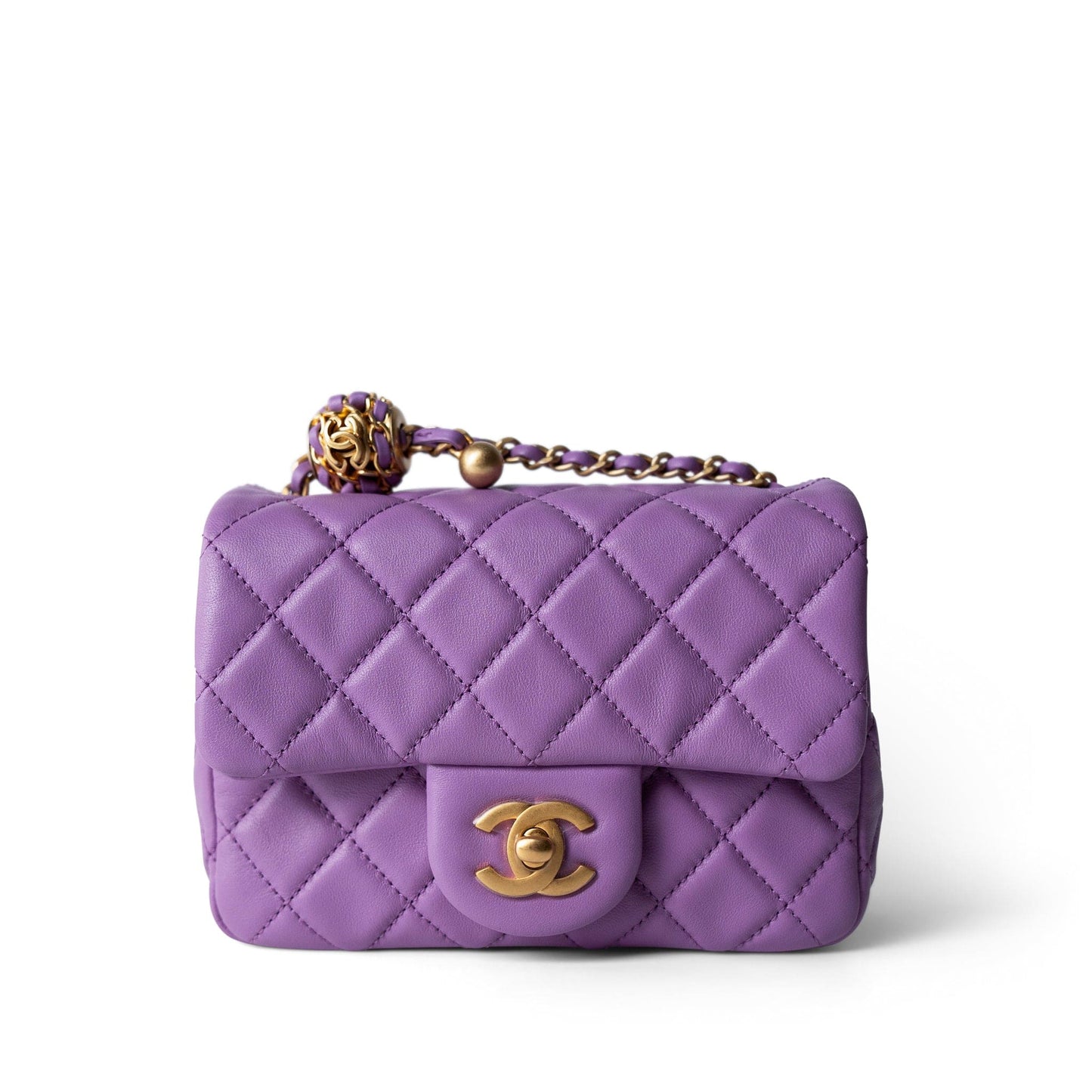 Purple Lambskin Quilted Pearl Crush Mini Square Aged Gold Hardware