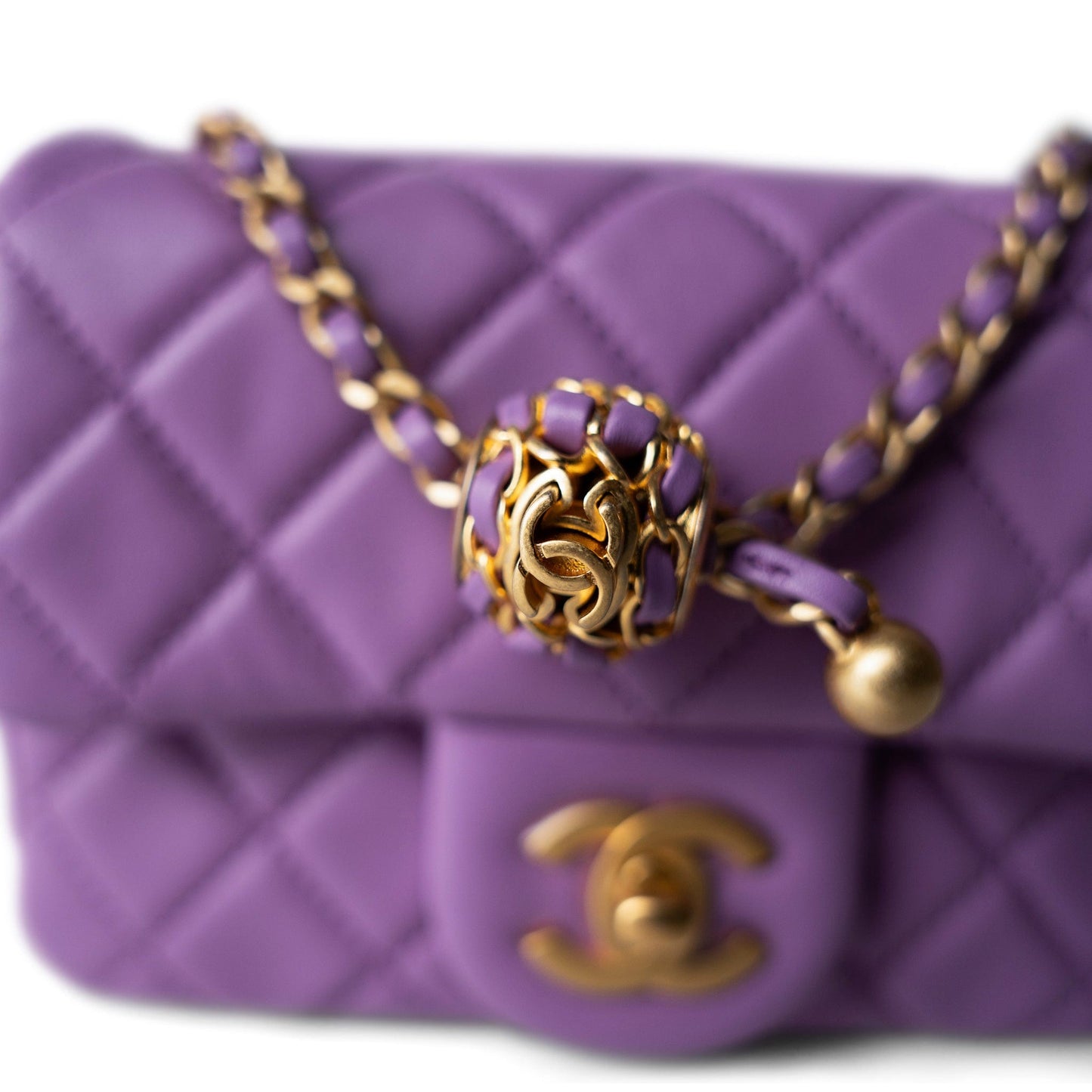 Purple Lambskin Quilted Pearl Crush Mini Square Aged Gold Hardware